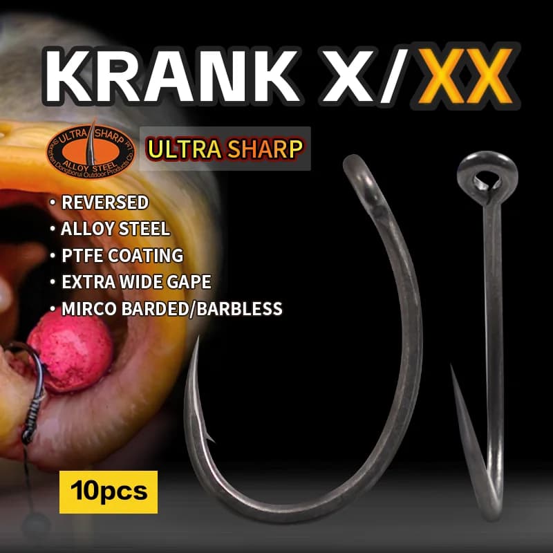 Hameçons carpe Krank 10 pièces EXTRA large ouverture - Acier allié inversé avec revêtement PTFE anti-corrosion