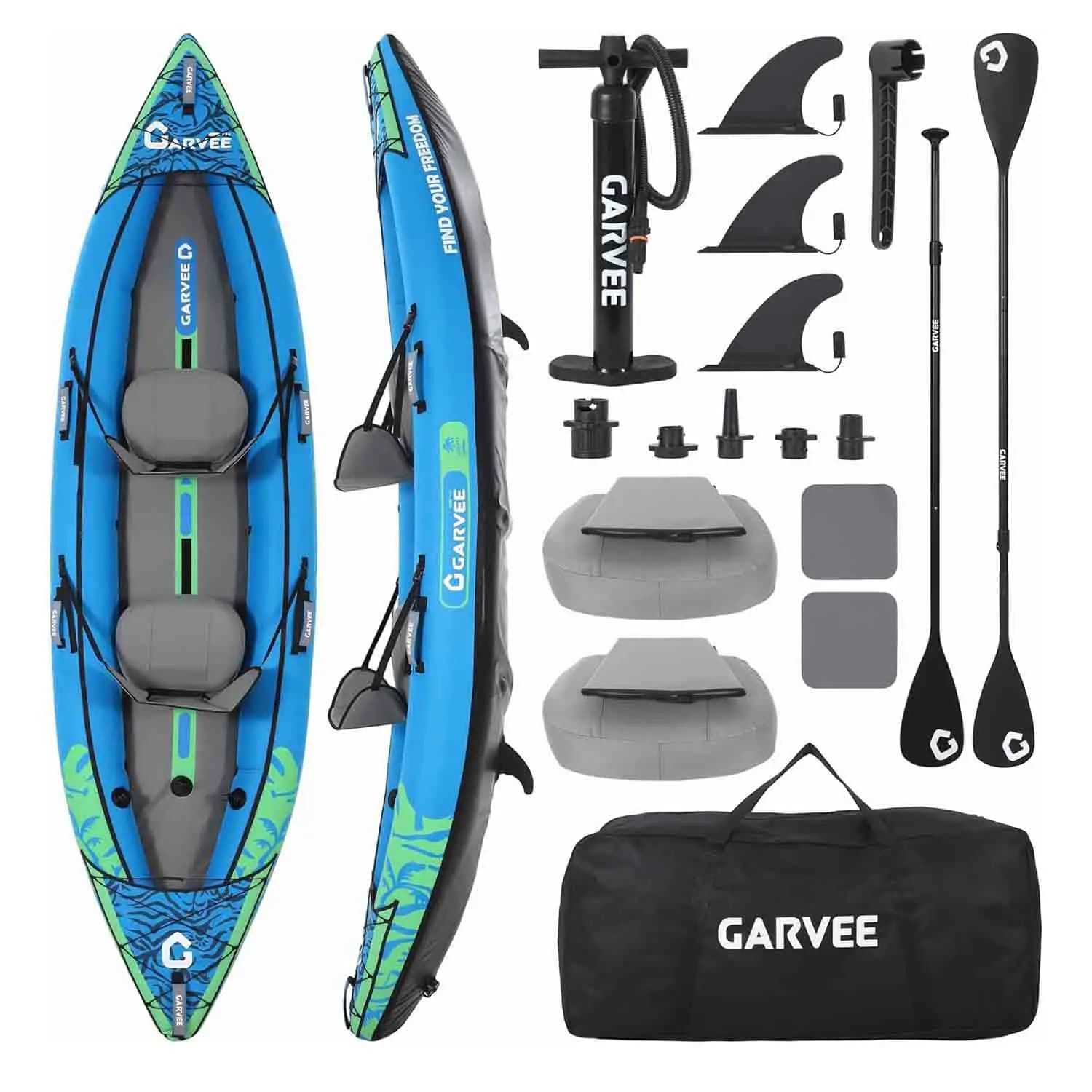 Kayak gonflable 2 places pour pêche et randonnée avec sièges rembourrés, pagaies et pompe