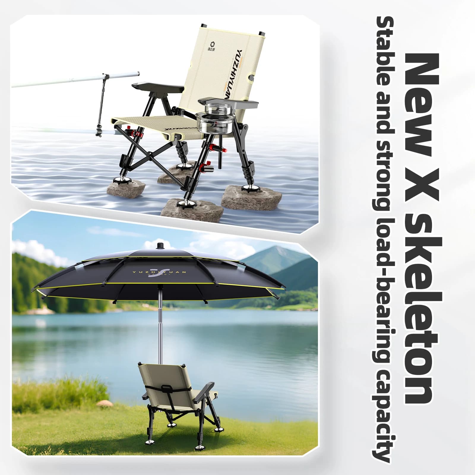 Chaise pêche pliante portable avec pieds télescopiques et dossier réglable pour terrains variés