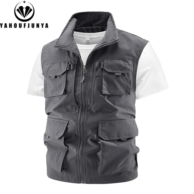 Veste de pêche sans manches homme été multi-poches respirante col montant zippée extérieur