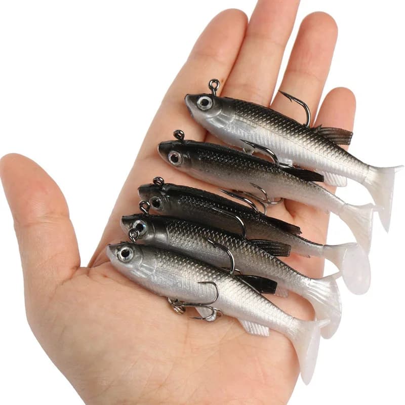 Kit de 5 leurres souples pêche 8cm avec hameçons, appâts artificiels pour carnassiers