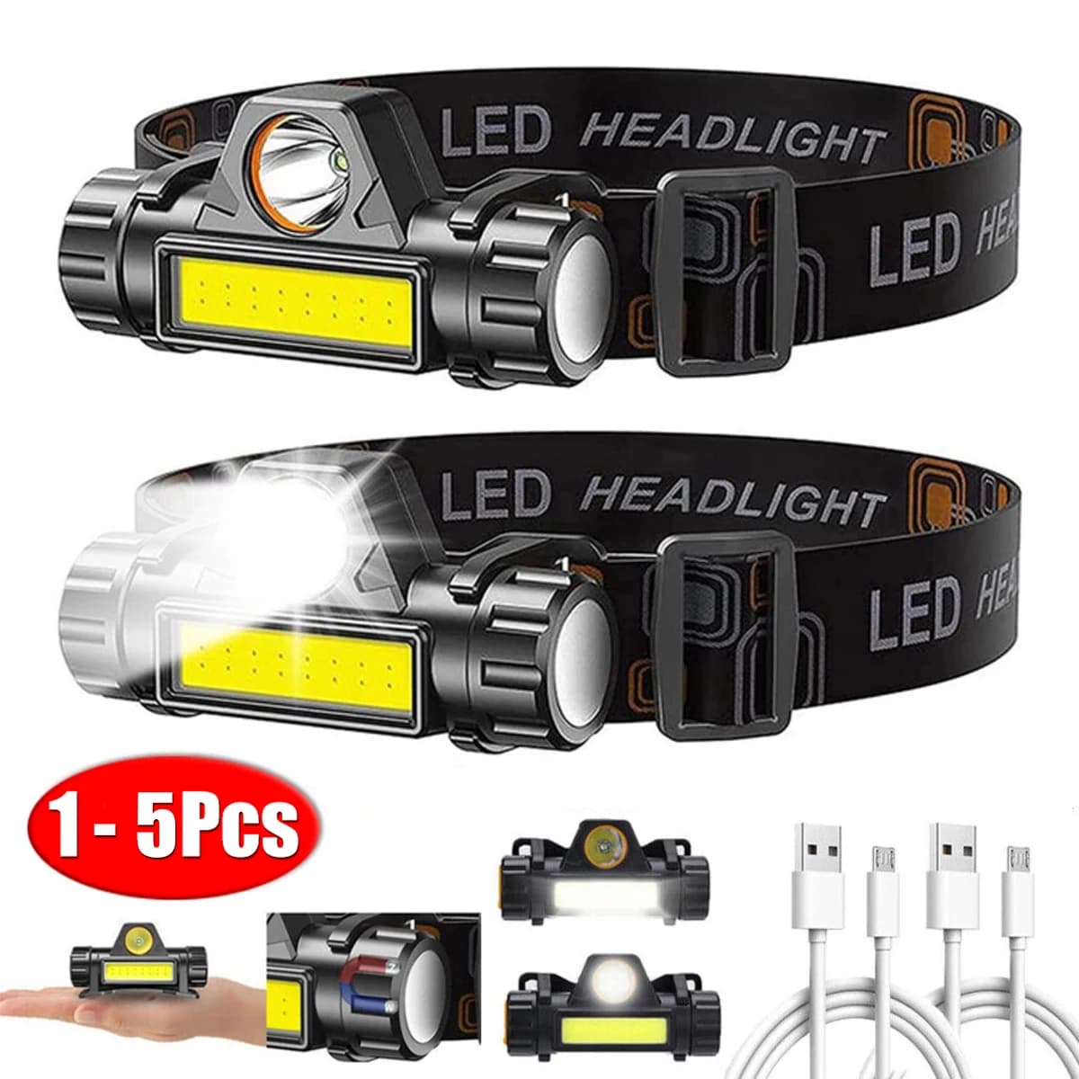 Lampe frontale COB LED rechargeable 1-5 pièces - Aimant puissant pour pêche et activités outdoor