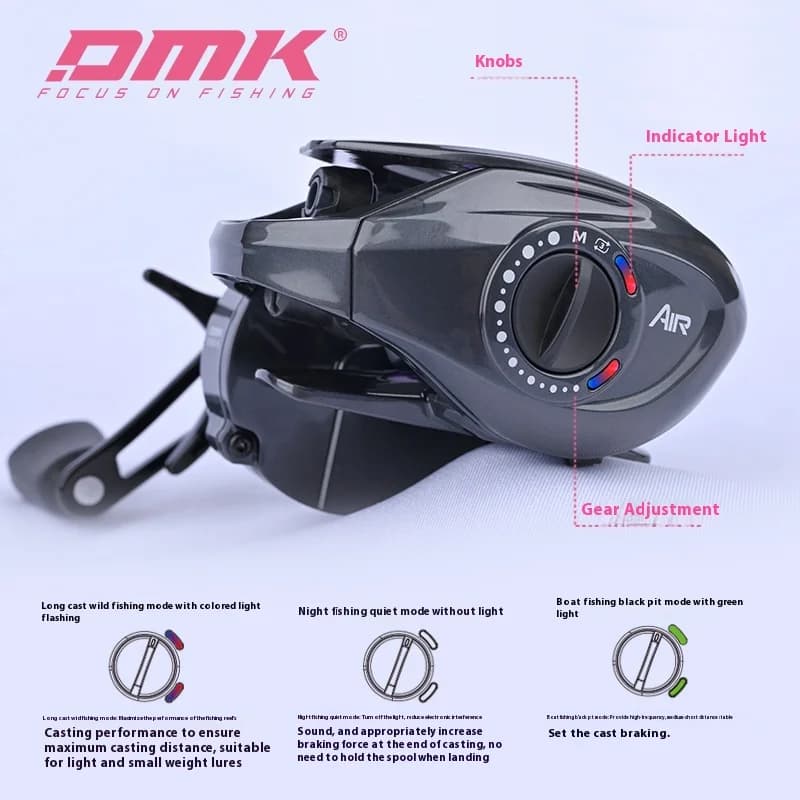Moulinet baitcast DMK Cheetah Air 7.6:1 frein électronique MIIEC - Carbone 135g avec son bande 3-17g