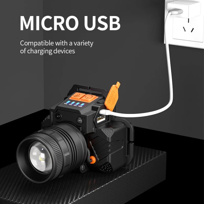 Lampe frontale LED super lumineuse 20W étanche rechargeable avec zoom pour pêche chasse camping