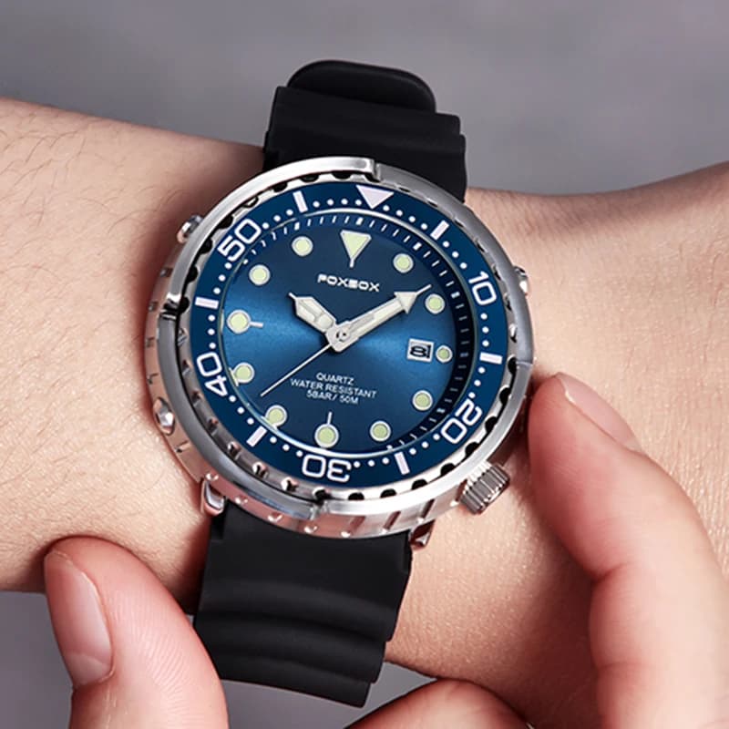 Montre plongeur homme étanche 50ATM FOXBOX LIGE, montre sport quartz avec bracelet silicone et affichage numérique