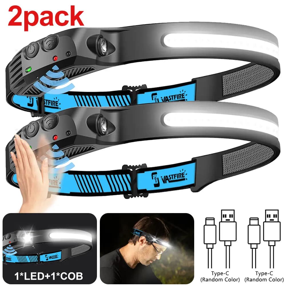 Lampe frontale LED rechargeable USB 2PCS avec détecteur de mouvement pour pêche nocturne et camping