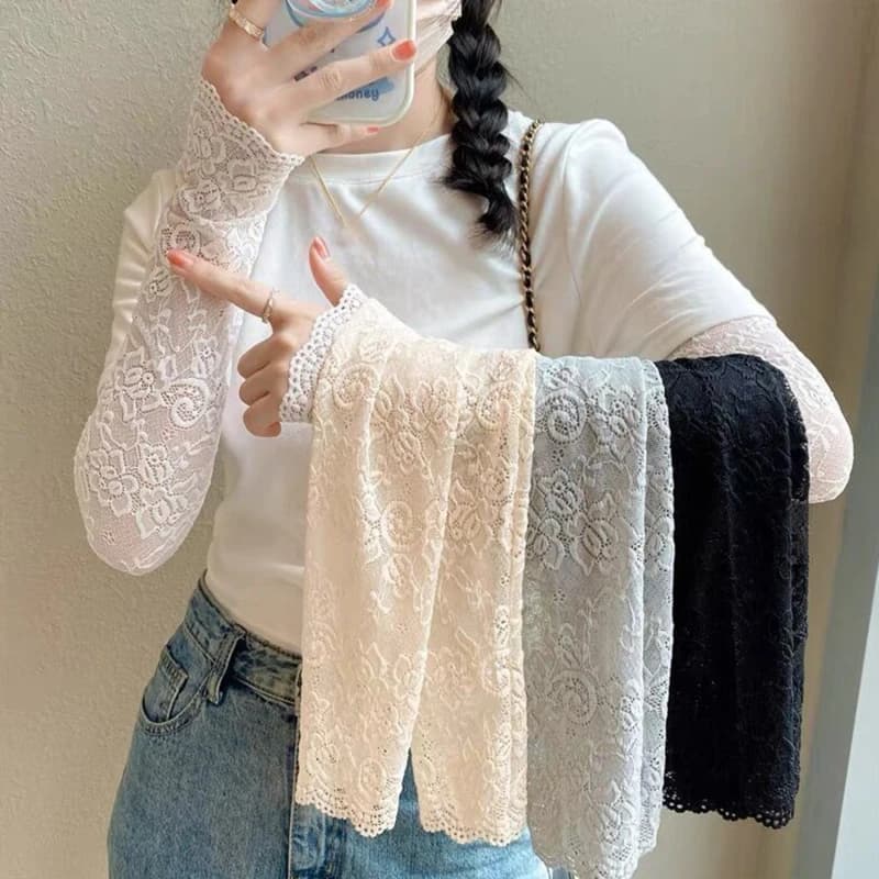 Manchons bras été soie glacée dentelle protection UV pêche conduite gants sans doigts noir blanc