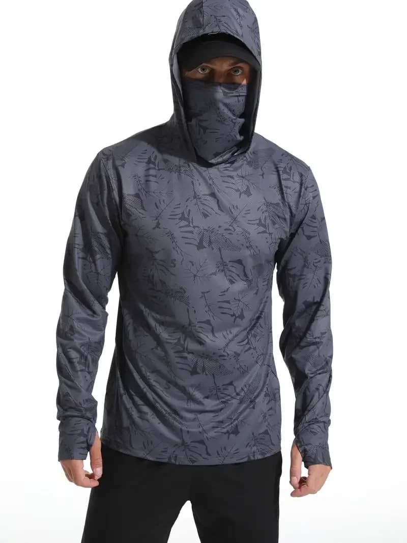 T-shirt pêche homme à capuche protection UV masque intégré vêtement technique extérieur été