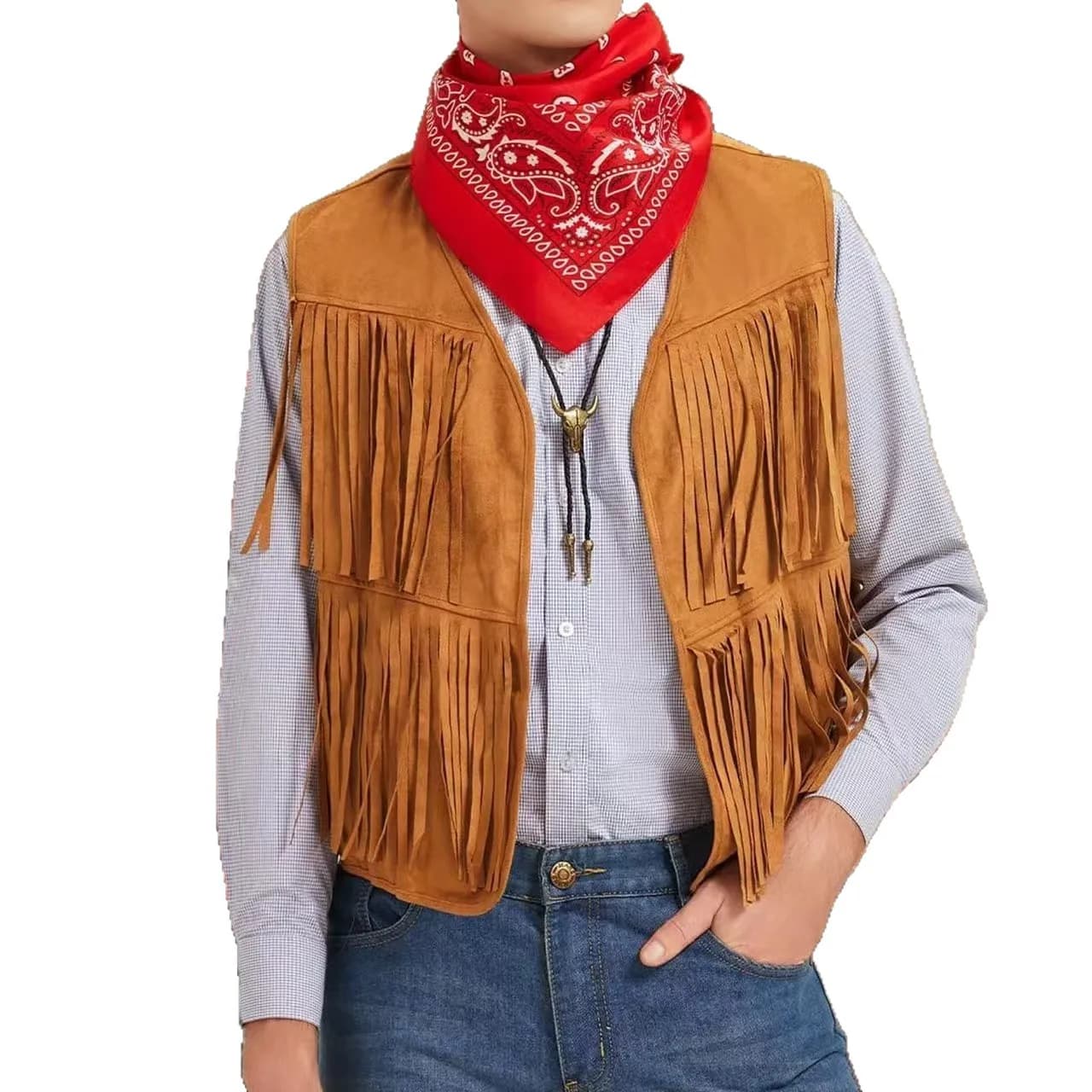 Veste frangée sans manches homme style cowboy western en suédine pour pêche couche aérée sans boutons