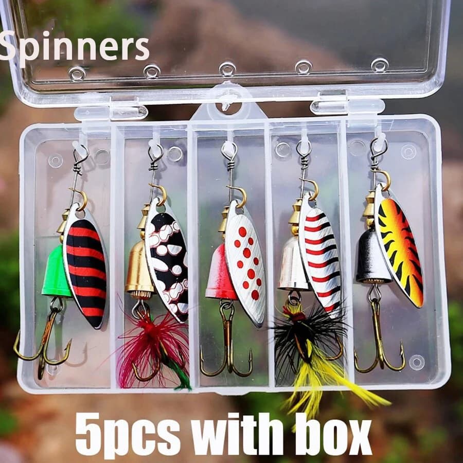 Kit de 5 leurres spinner bait métal dur pour perche truite saumon avec boîte de rangement pêche