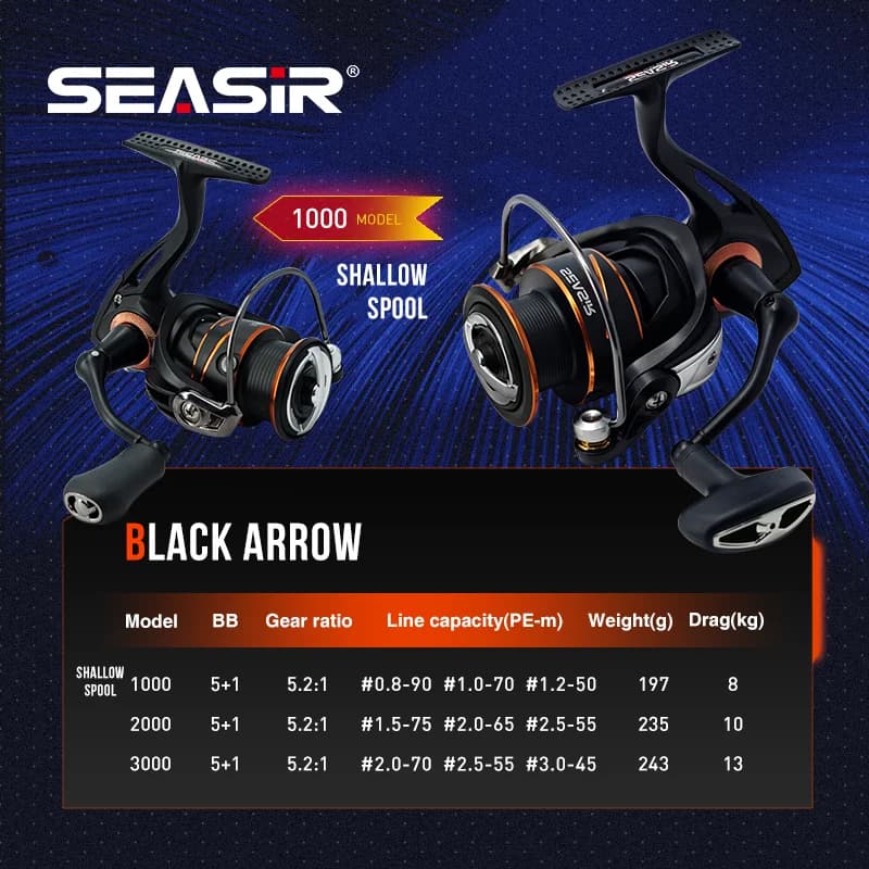 Moulinet de pêche SeaSir Black Arrow 5+1BB engrenage métal bobine aluminium étanche et fort frein