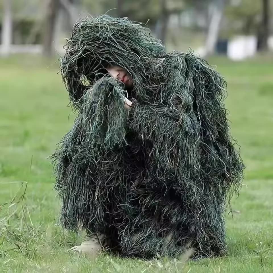 Ensemble 5 pièces camouflage herbe fanée ghillie veste pantalon chasse pêche complet