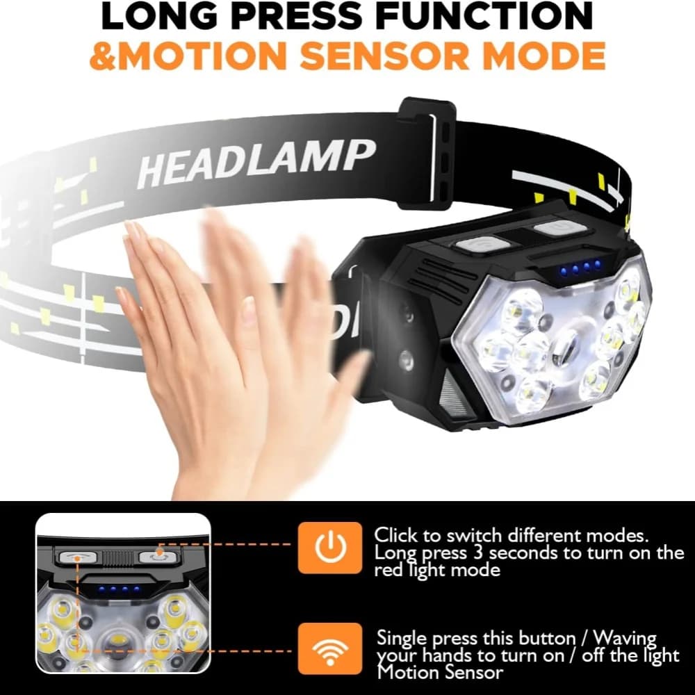 Lampe frontale LED ultra-bright avec lumière rouge rechargeable USB pour pêche et randonnée - Éclairage frontal