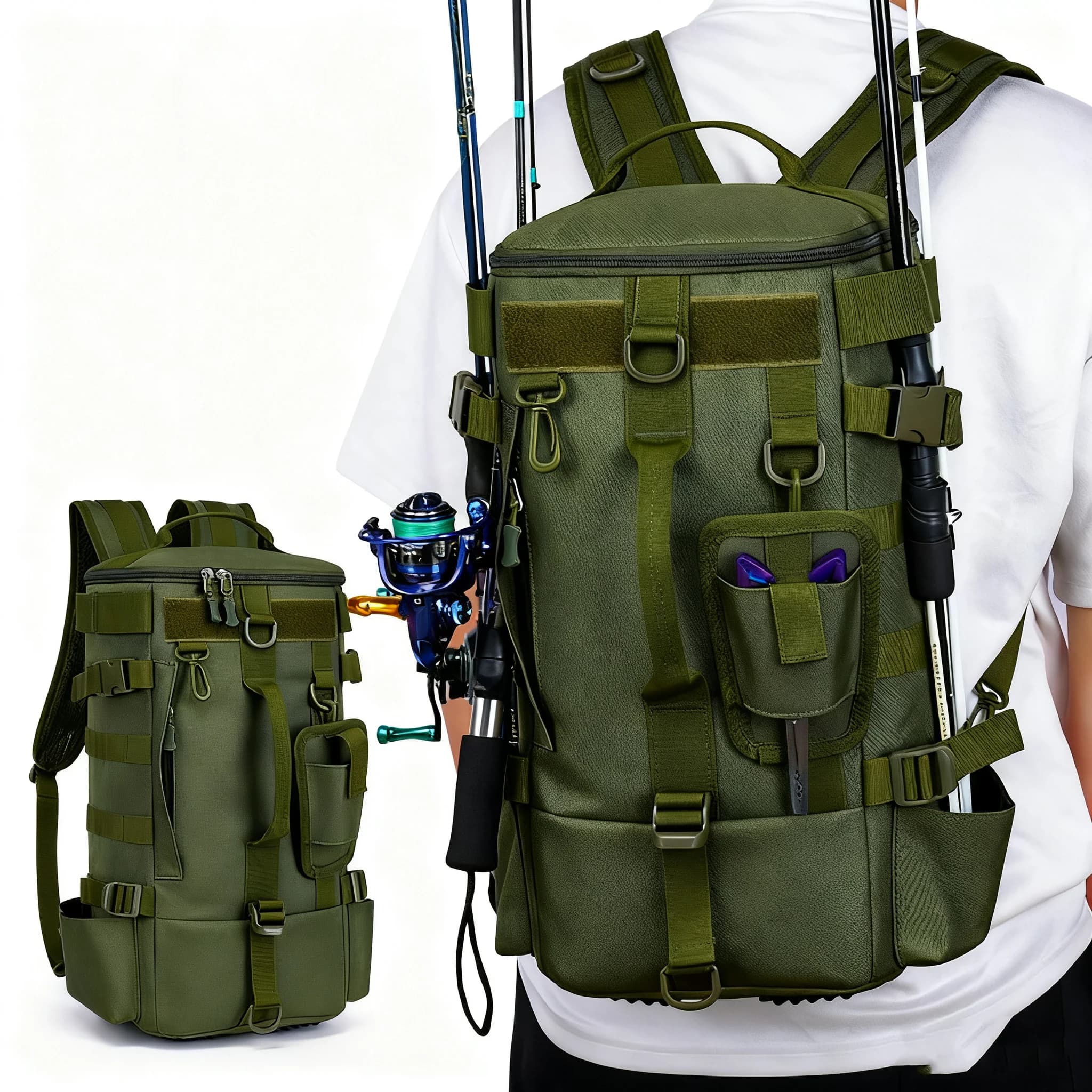 Sac à dos pêche multifonction avec porte-cannes étanche et résistant pour équipement de pêche sportive