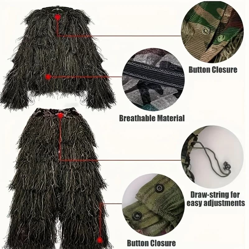 Combinaison ghillie 5 en 1 camouflage herbe sèche - Tenue jungle pêche photographie observation