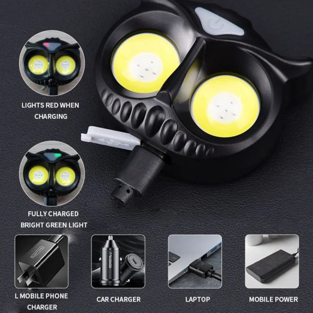 Lampe frontale chouette rotative rechargeable Type-C avec aimant pour pêche et chasse nocturne