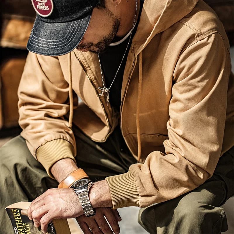 Veste vintage Maden J130 en toile lourde avec capuche - Veste courte pour pêche et streetwear automnal