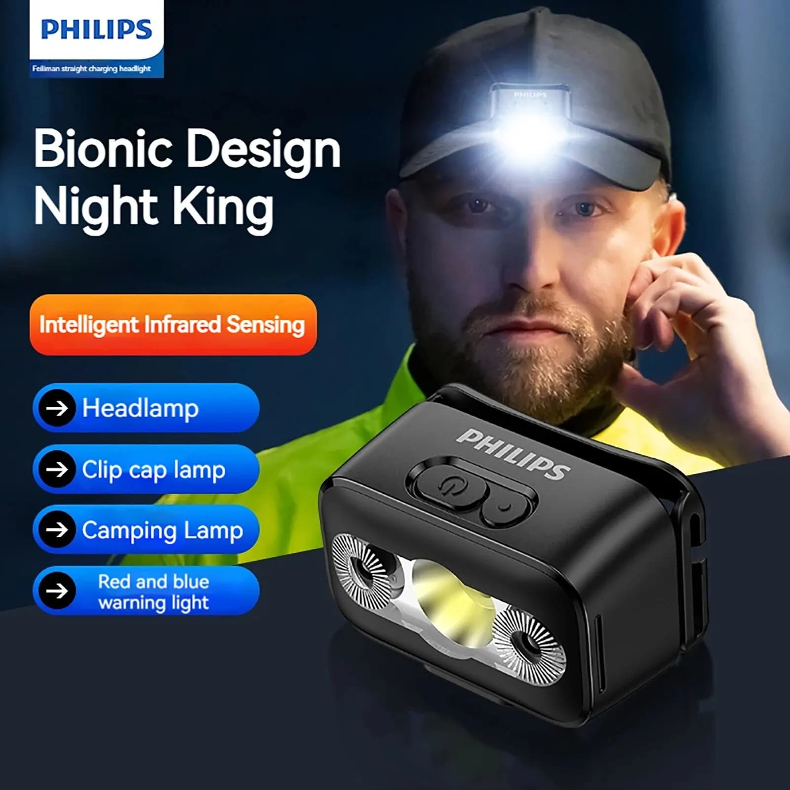 Lampe frontale PHILIPS LED avec capteur et 10 modes d'éclairage rechargeable Type-C pour pêche et camping