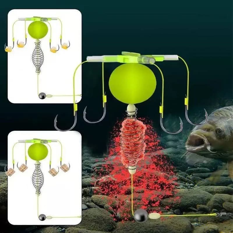 Cage amorce feeder pêche avec 4 hameçons en acier carbone pour ligne et flotteur