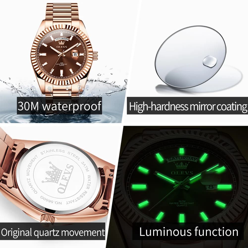 Montre homme luxe OLEVS étanche or rose acier inoxydable affichage date jour mouvement quartz