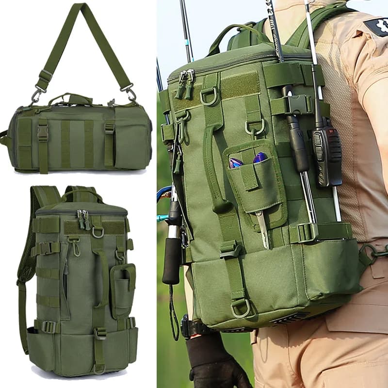 Sac à dos pêche multifonction avec porte-cannes et système MOLLE - Rangement équipement pêche camping randonnée