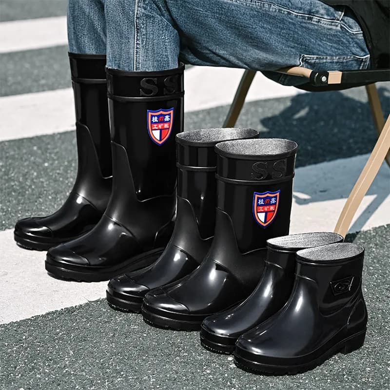 Bottes pluie homme noires hautes tube cuisine étanches anti-dérapantes chaussures eau mi-tube