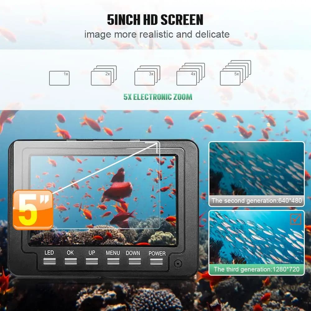 Caméra pêche sous glace 5 pouces DVR AHD 1080P 12 LEDs IR avec carte 16GB pour enregistrement vidéo