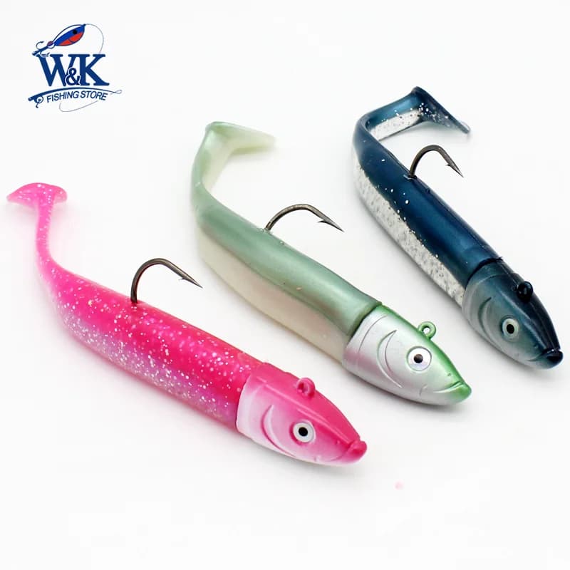 Kit leurres souples paddle tail pour pêche du bar - 5 tailles de 6cm à 14.5cm avec têtes plombées assorties