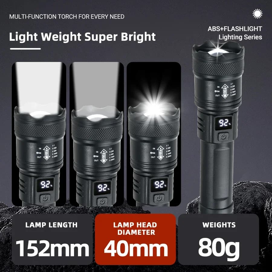 Lampe torche tactique LED 2000LM rechargeable USB - Projecteur zoom pêche camping urgence