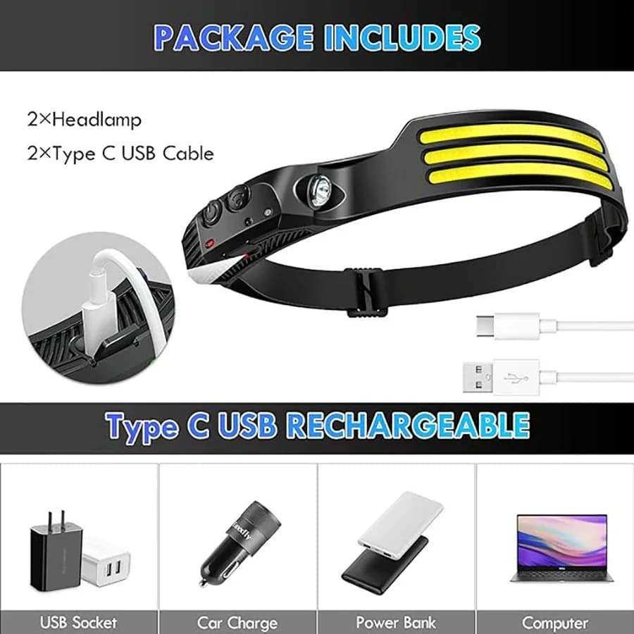 Frontale COB LED induction puissante batterie intégrée recharge USB pour pêche camping et randonnée