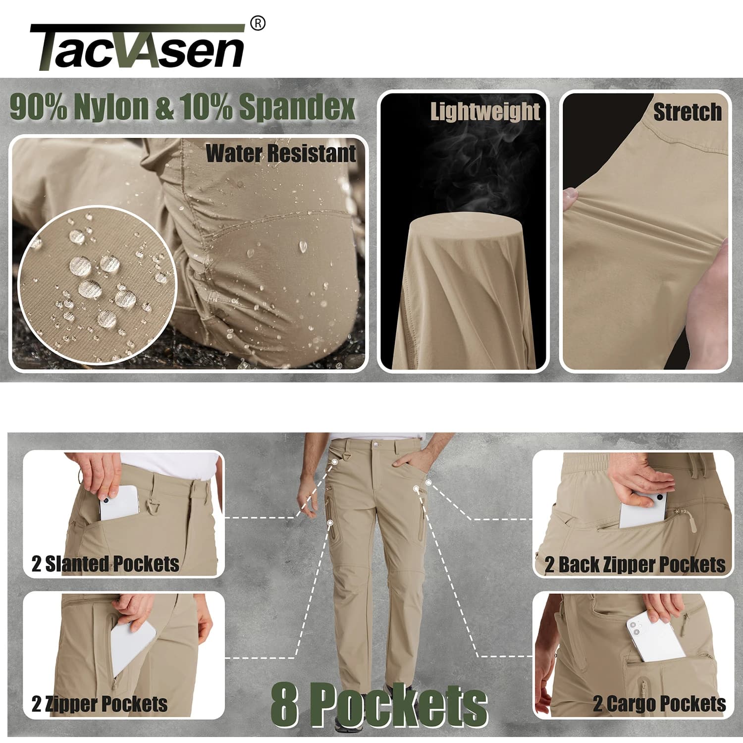 Pantalon pêche TACVASEN été léger nylon séchage rapide - Randonnée cargo travail multi-poches