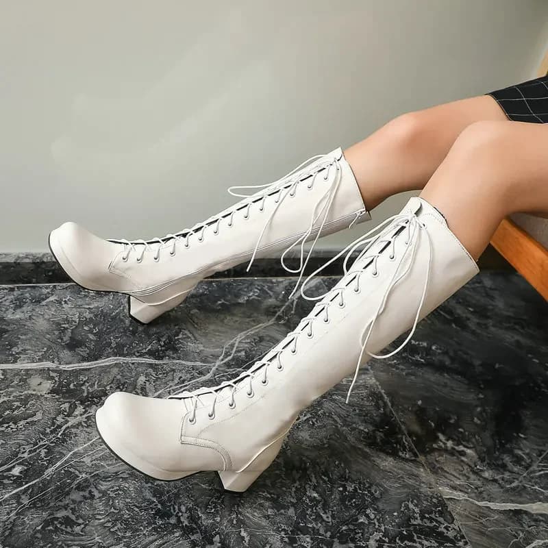 Bottes genou lolita lacets violet rose - Chaussures mode pêche hiver filles femmes