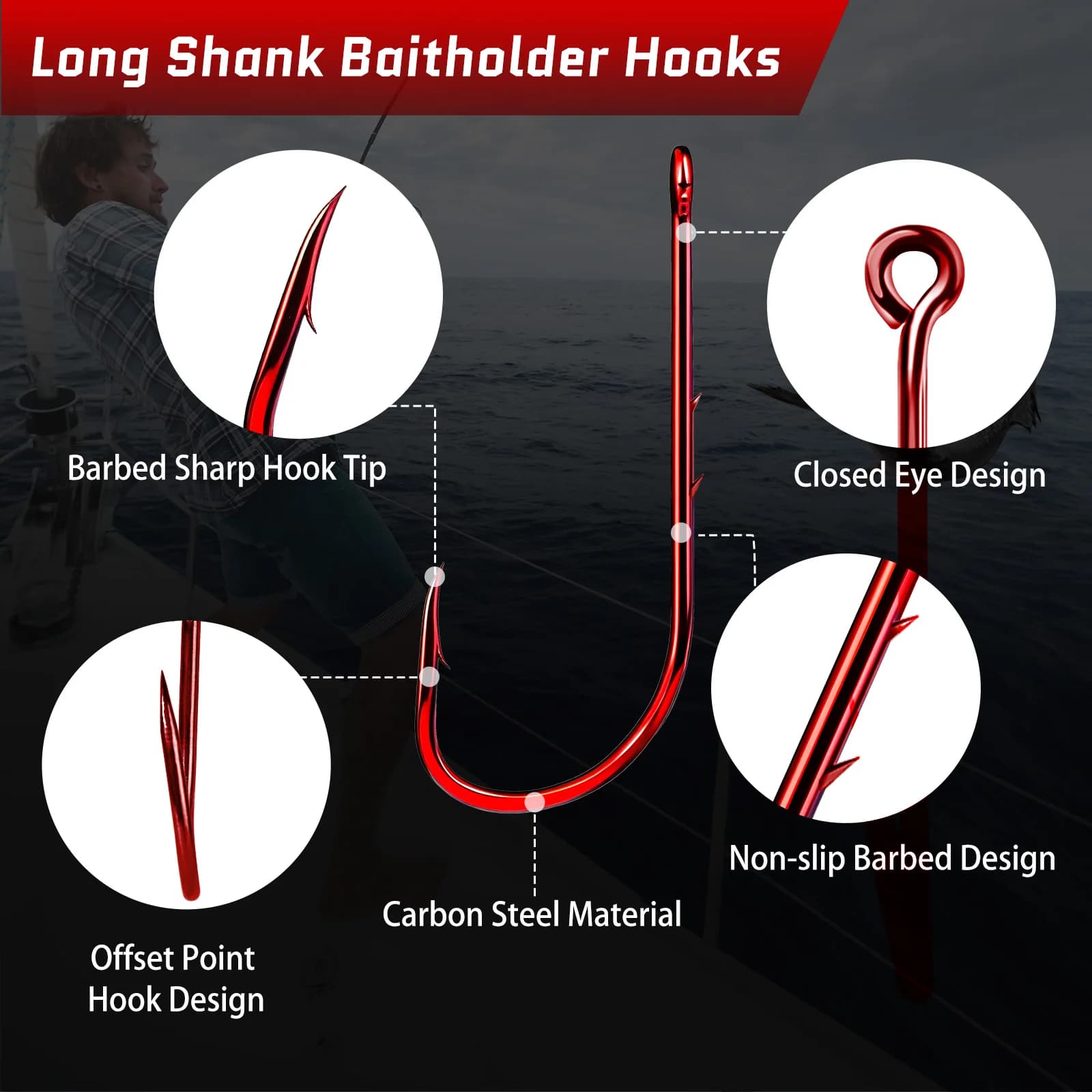 Hameçon longue tige Red Baitholder pour pêche en mer, appâts vers et carnassiers, acier haute carbone résistant