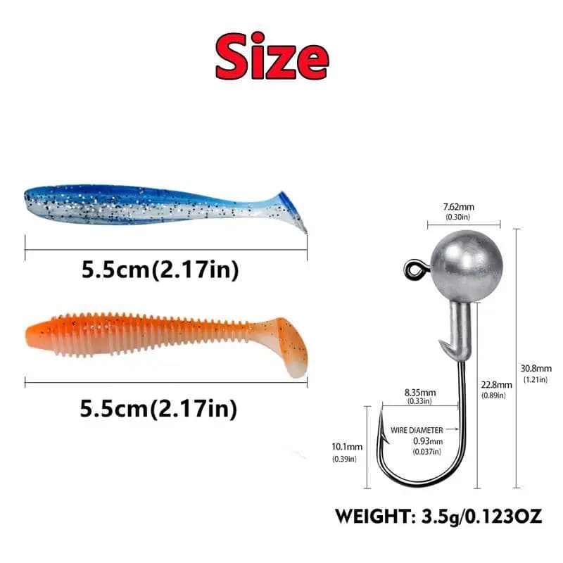 Kit de Leurres Souples Pêche 50/30/15 Leurres Silicone avec Hameçons Tête Plombée Appâts Artificiels Vers