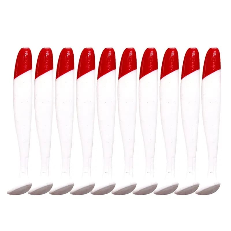 Leurre Souple T-tail Bionique 7 à 12 cm, Tête Rouge Corps Blanc, 10 Leurres par Sachet