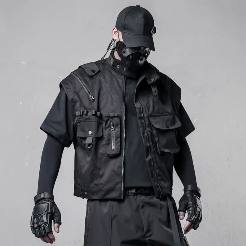 Gilet cargo homme sans manches style techwear tactical, multi-poches avec fermeture éclair et col montant
