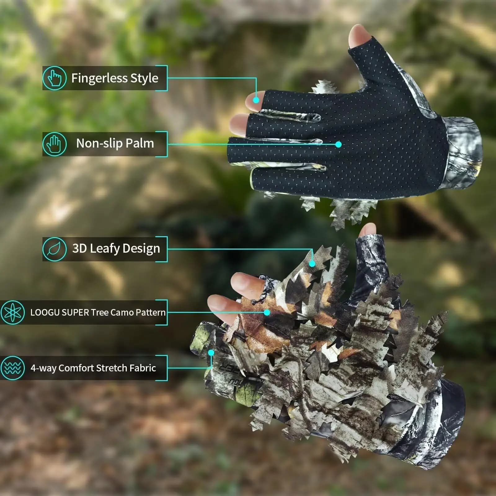 Gants camouflage chasse 3D feuillage léger anti-dérapage demi-doigts pêche sport