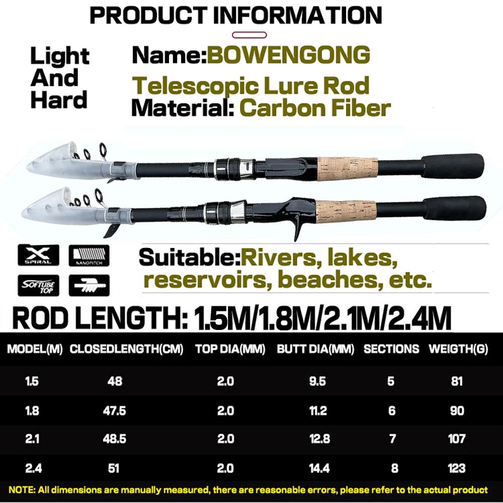 Canne télescopique pêche leurres carbone 1.5m à 2.4m casting 8-25g manche bois pour pêche en déplacement
