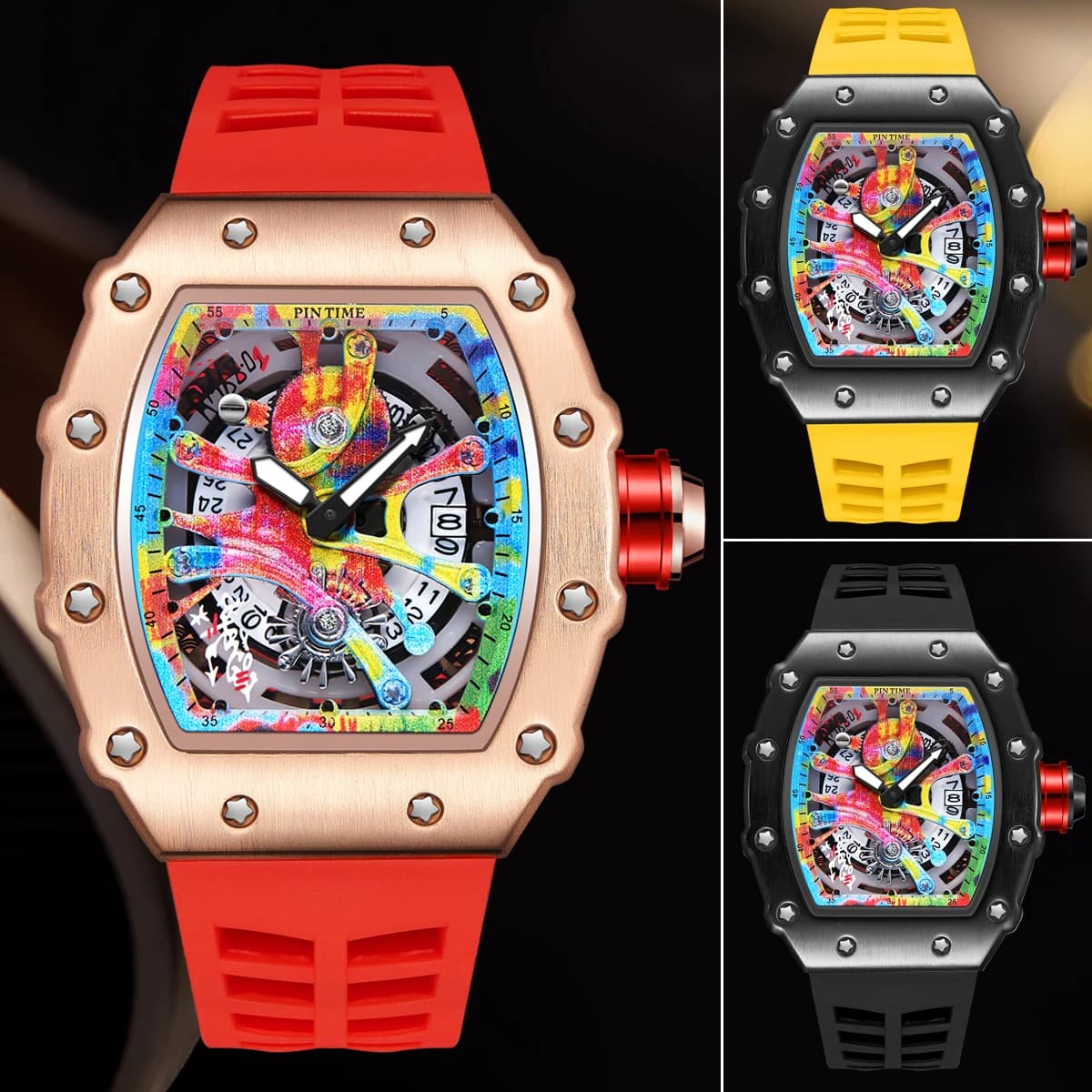 Montre homme luxe quartz étanche PINTIME cadran graffiti tonneau pour sport et pêche plaisance