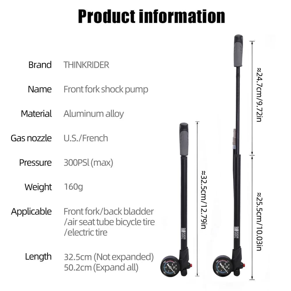 Pompe haute pression ThinkRider 300PSI portable avec manomètre pour suspensions VTT et équipement pêche