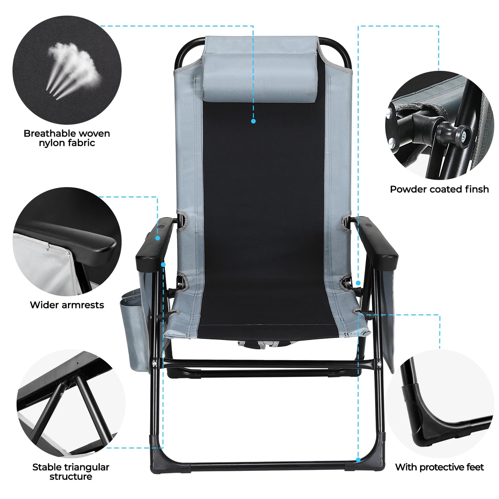 Chaise pliante dossier et accoudoirs réglables - Siège camping gris oxford 140kg pour pêche