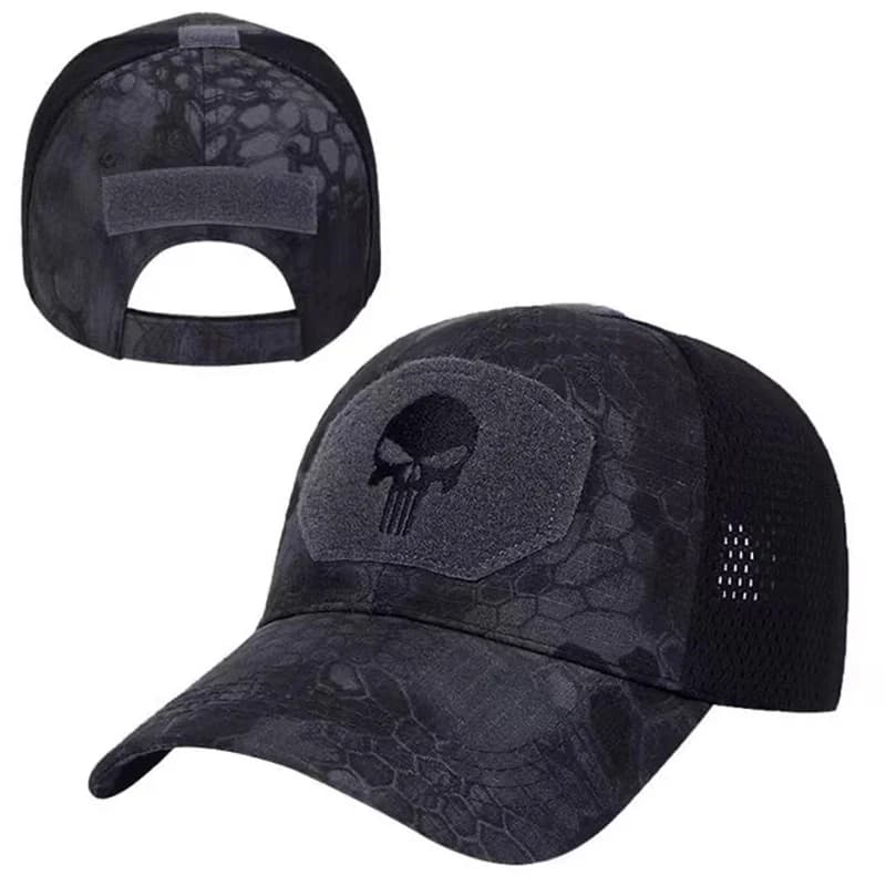 Casquette mesh camouflage crâne été 2024 - Chapeau pêche airsoft réglable pour hommes et femmes
