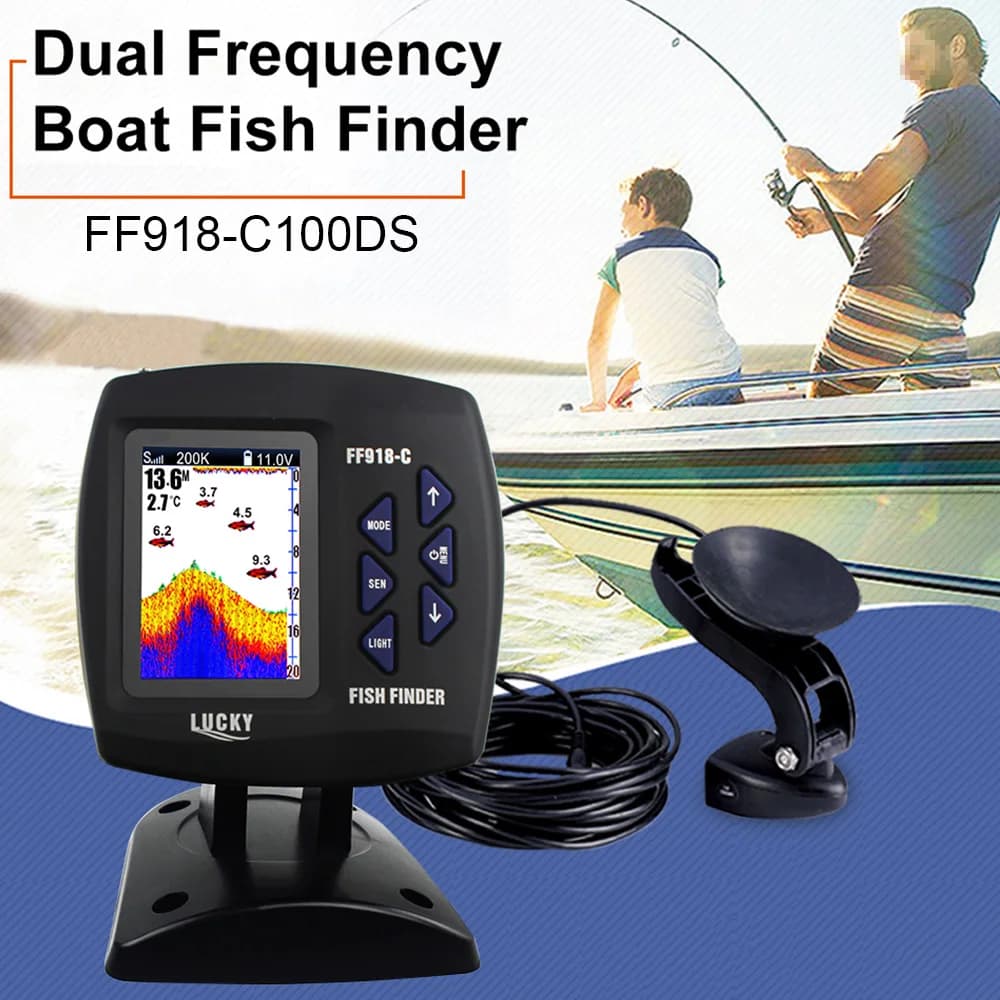 Sondeur de pêche LUCKY FF918-C100DS écran couleur 2024 - Double fréquence 328ft/100m filaire