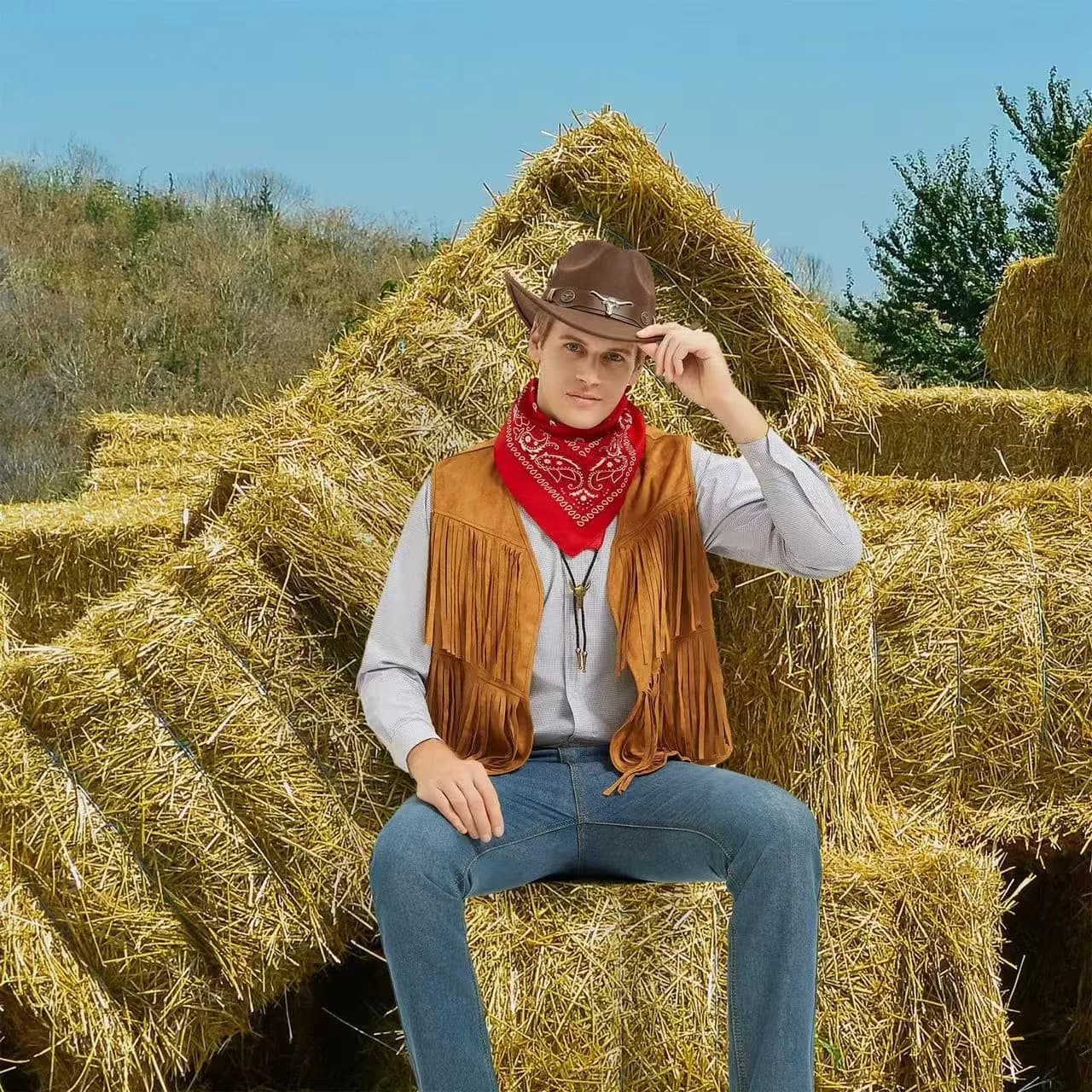 Veste frangée sans manches homme style cowboy western en suédine pour pêche couche aérée sans boutons