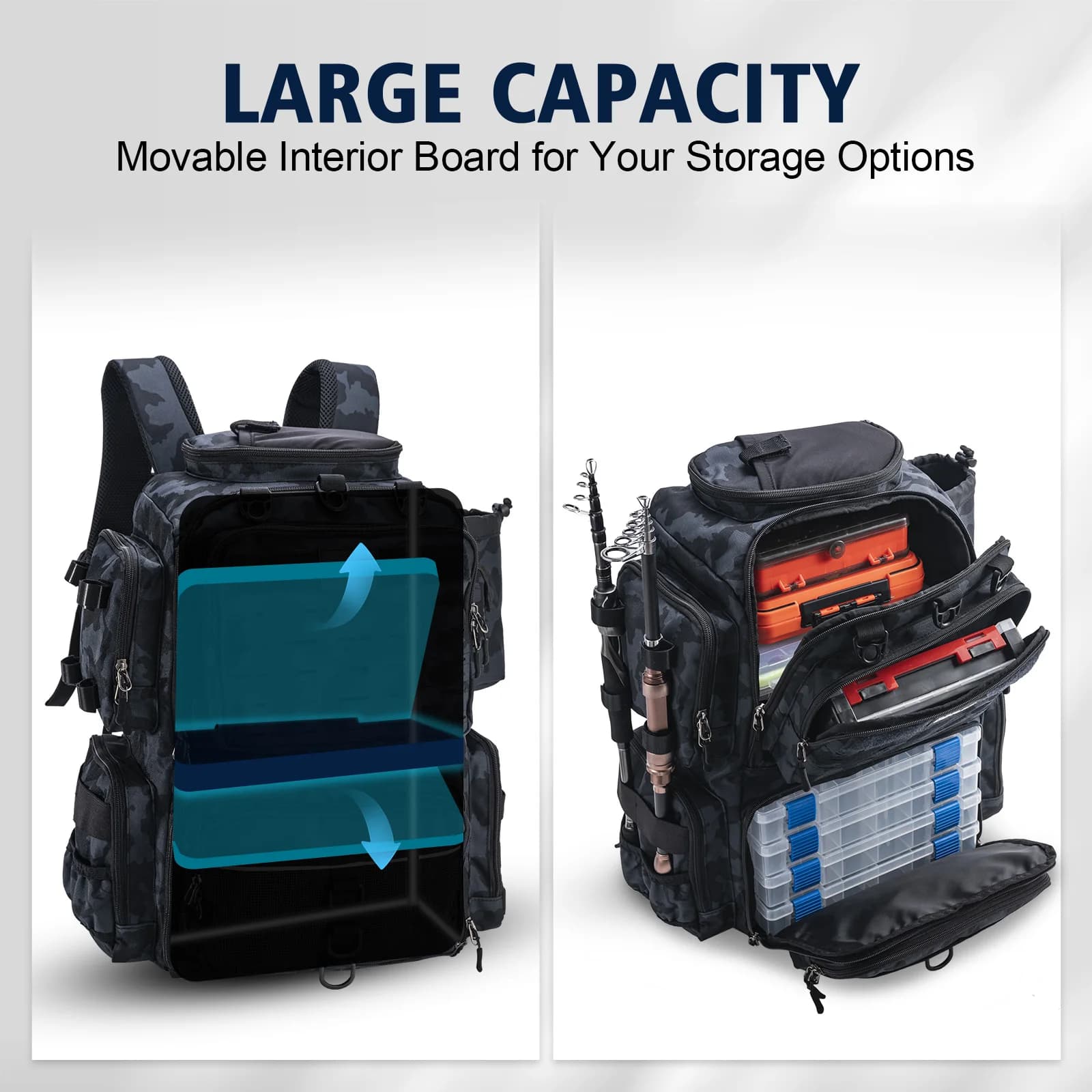 Sac à dos de pêche waterproof léger avec porte-canne - Rangement ajustable pour matériel de pêche