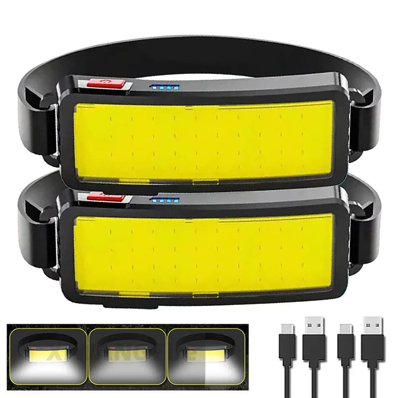 Lampe frontale COB LED rechargeable USB-C pour pêche nocturne et camping étanche puissante