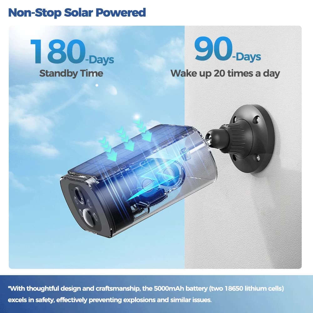 Caméra de sécurité solaire WiFi extérieur Alevio 2.5K, vision nocturne couleur, détection PIR et AI pour surveillance étang