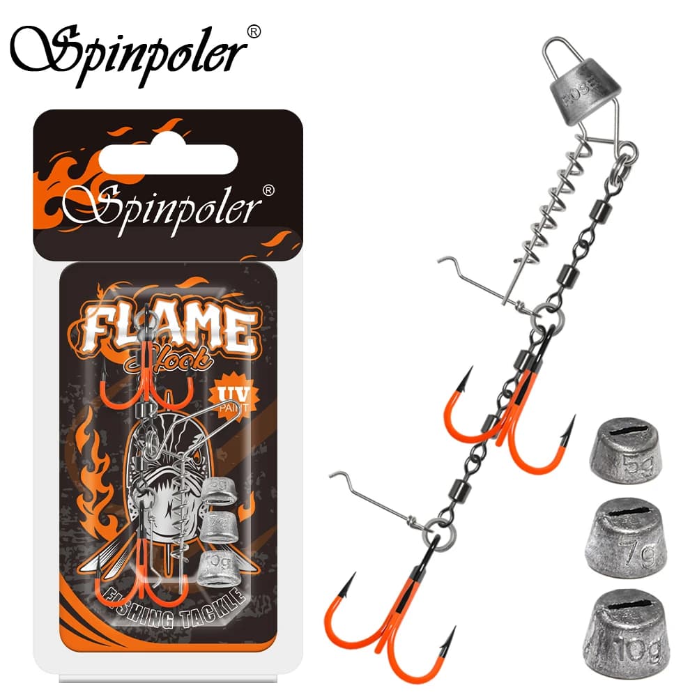 Montage Spinpoler Multi-Depth Flame Stinger UV pour pêche du brochet avec hameçons trebles et émerillons roulants