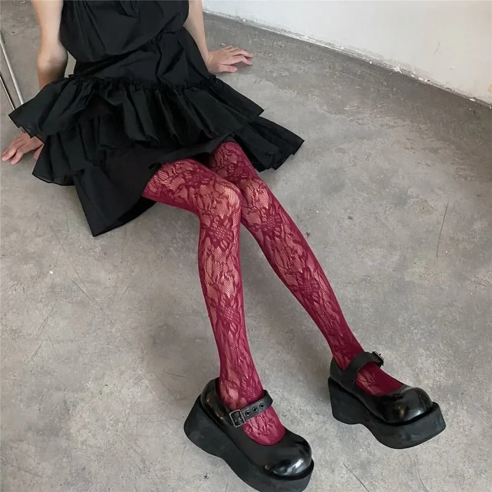 Collants résille gothique vin rouge - Style Y2K pour pêcheuse fashion et soirées