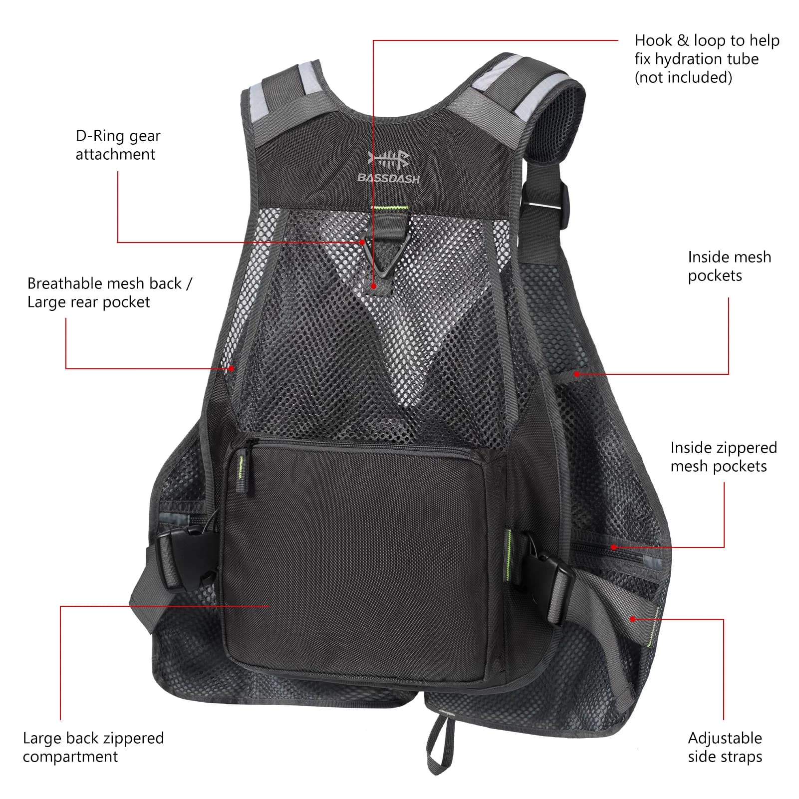 Gilet de pêche ajustable et respirant Bassdash pour la pêche sportive en extérieur